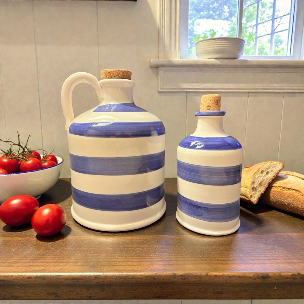 Set of 2 Noemi Handpainted Italian Ceramic Striped Jug‎ and Bottle with Corks